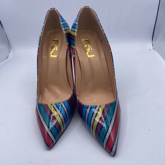 FSJ Multicolor Glitter Gold Metal Chain Chunky High Heel Pointed Toe Pumps - Picture 3 of 11